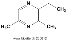 Strukturen af 2-ethyl-3,5-dimethylpyrazin
