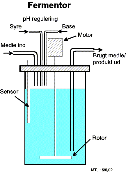 Fermentor, bestr af en temperaturregulerbar beholder med mulighed for tilfrsel af nringsstoffer og frafrsel af produkt. Fermenteringsprocessen styres vha. sensorer
