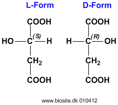 Strukturerne af L- og D-formen af hydroxybutandisyre