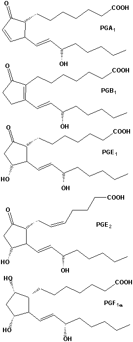 Den kemiske struktur af forskellige prostaglandiner