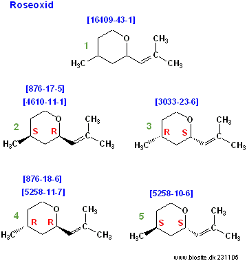 Strukturerne af forskellige isomerer af roseoxid