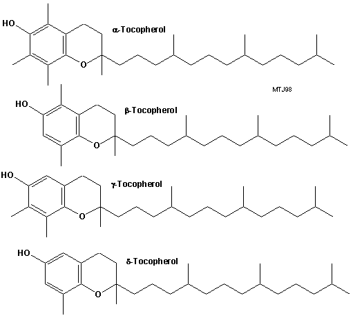 De kemiske strukturer af forskellige vitamin E (tocopherol) former