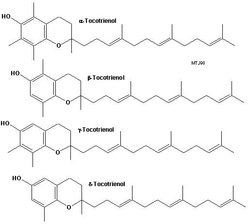 De kemiske strukturer af forskellige vitamin E (tocopherol) former